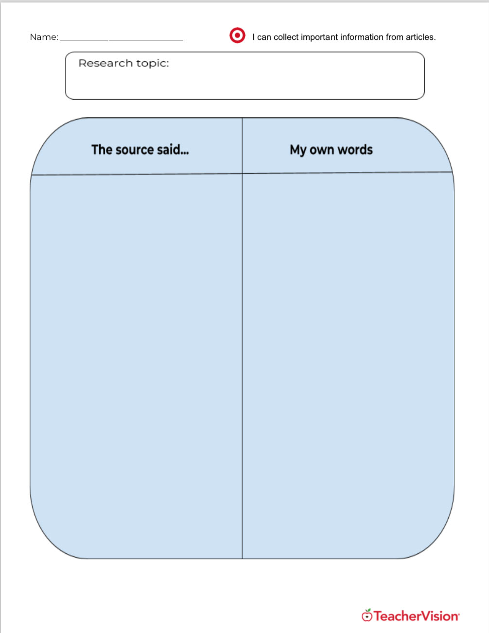 A graphic organizer for analyzing evidence for a research paper 