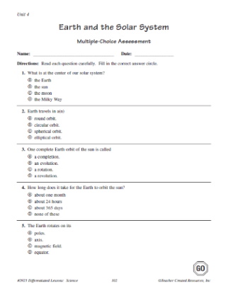 Solar System Multiple Choice Quiz Worksheet for 5th Grade Science
