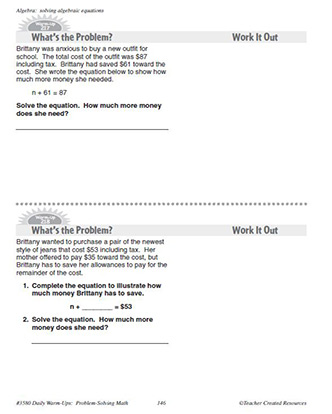 Algebra Daily Math Warm-Ups and Answer Key Grade 5-7